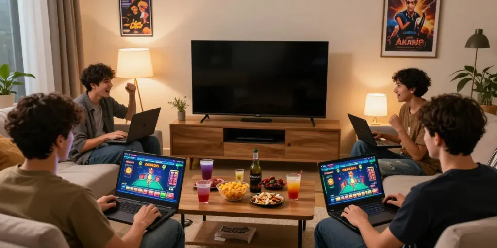 Friends enjoying an online gaming night via akunjp with snacks and drinks.