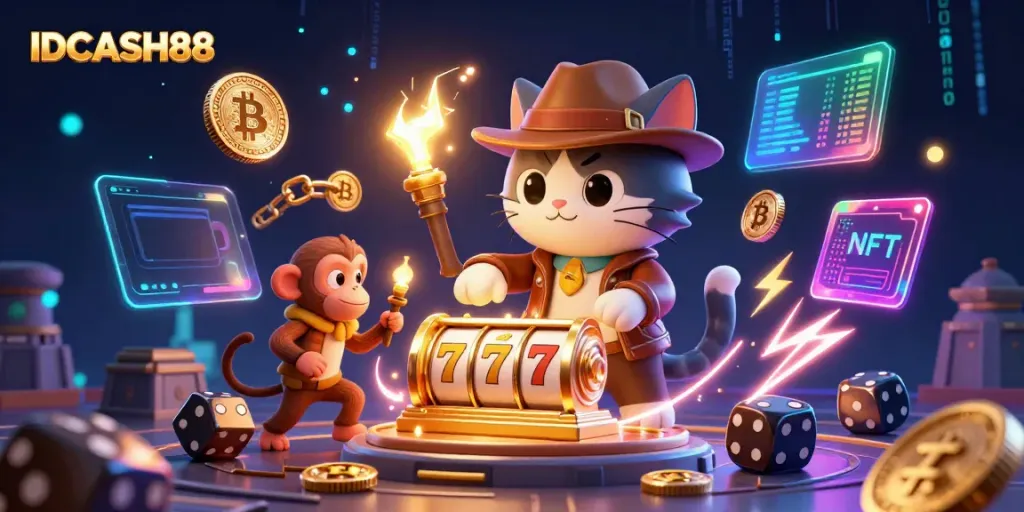Engage in thrilling gameplay at IDCASH88 with 3D cartoon characters exploring golden casino artifacts.