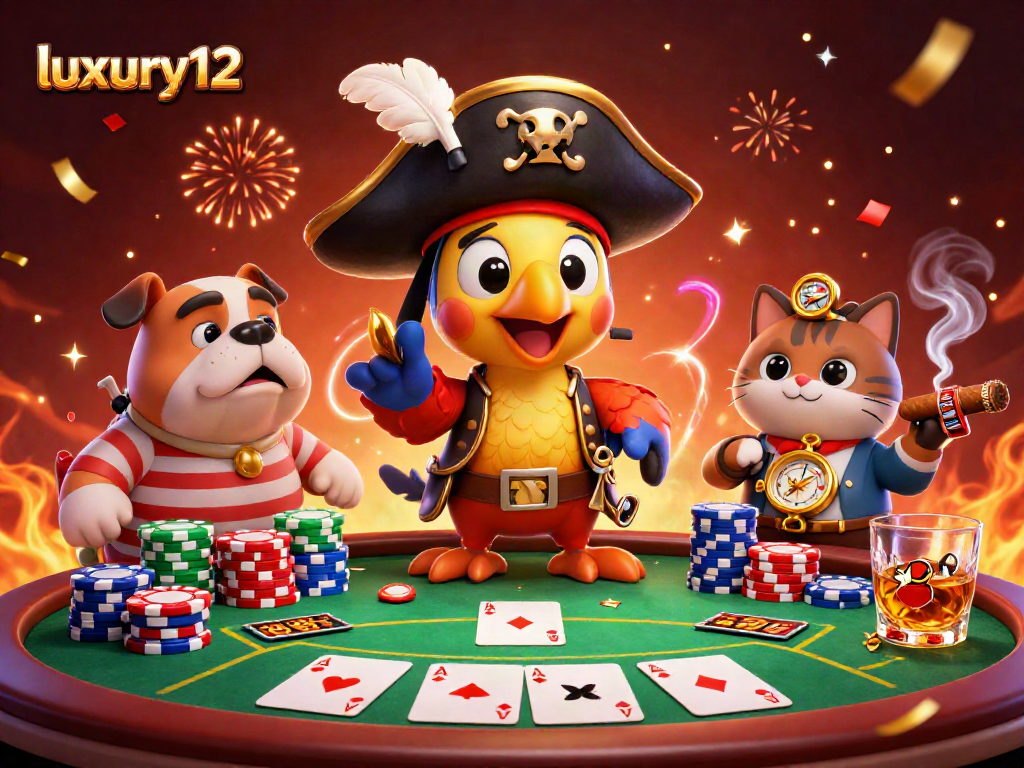 Experience the excitement of luxury12 with a vibrant casino scene featuring a pirate captain, bulldog first-mate, and more.