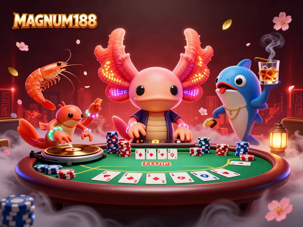 Experience the vibrant MAGNUM188 casino vibe with a dazzling axolotl DJ and lively aquatic characters in a poker scene.