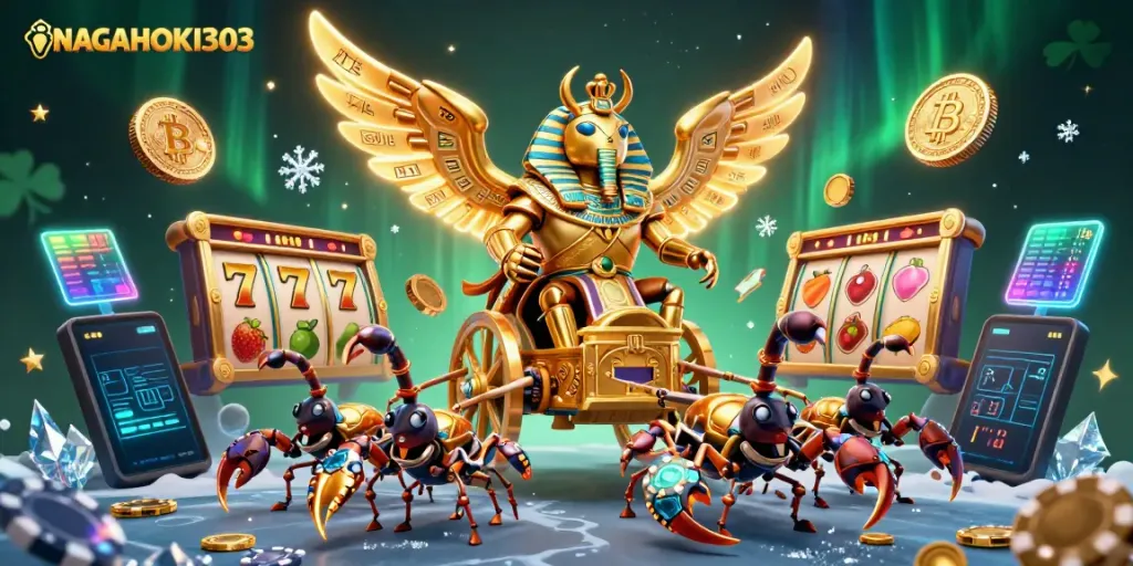 Aksi menarik di NAGAHOKI303 dengan scarab emas bersenjata dan komponen blackjack menyebar di sekitarnya.