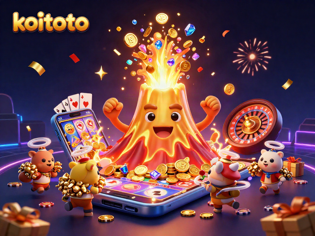 Koitoto showcases a thrilling casino scene with a golden volcano erupting treasure and vibrant gaming elements.