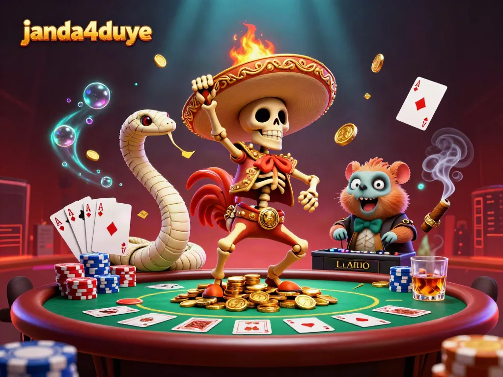 janda4duye menghidupkan suasana permainan kasino dengan karakter unik dalam ilustrasi 3D yang memukau