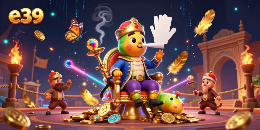Engage with the e39 casino theme featuring a magical caterpillar hookah-master and vibrant game symbols.