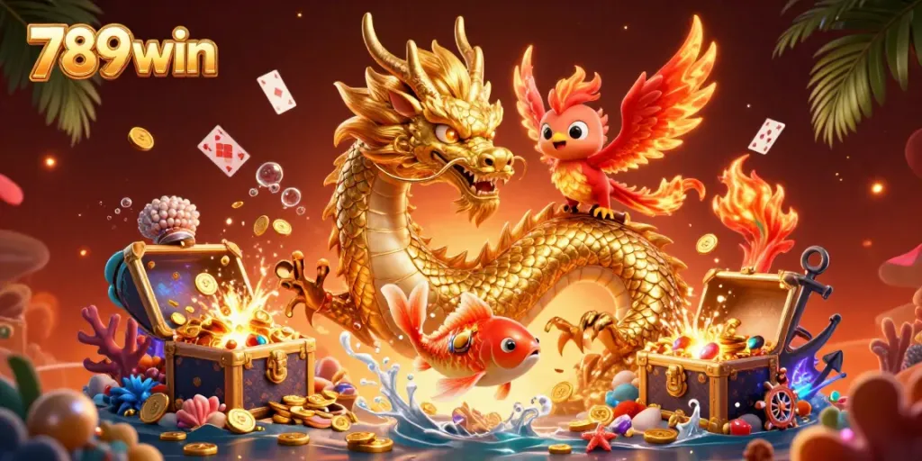 Engage with the thrilling realm of 789win featuring an energetic scene with a dragon and phoenix amidst rich gambling elements.