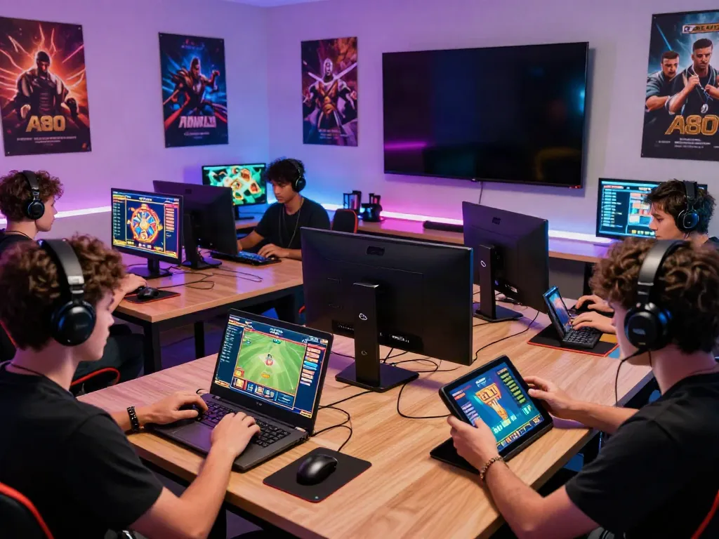 A80 gaming platform scene showing diverse players engaged in various online games, highlighting competitive atmosphere.
