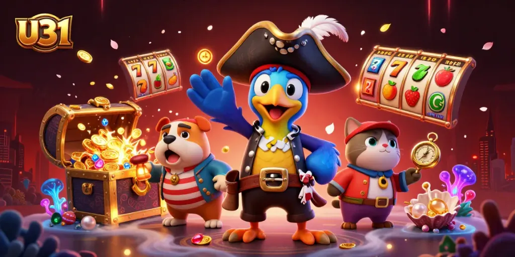 Engage in the excitement of U31 with vibrant slot reels and a colorful casino scene