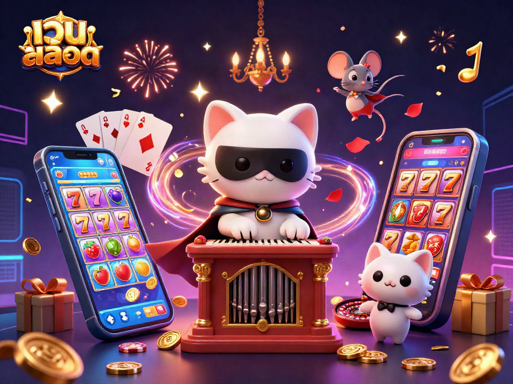 Experience the thrill of เว็บสล็อต with a vibrant casino illustration showcasing a phantom cat, acrobat mouse, and festive gaming elements.