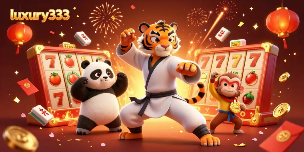 Permainan slot di luxury333 dengan karakter singa kungfu dan teman-temannya dalam suasana penuh warna