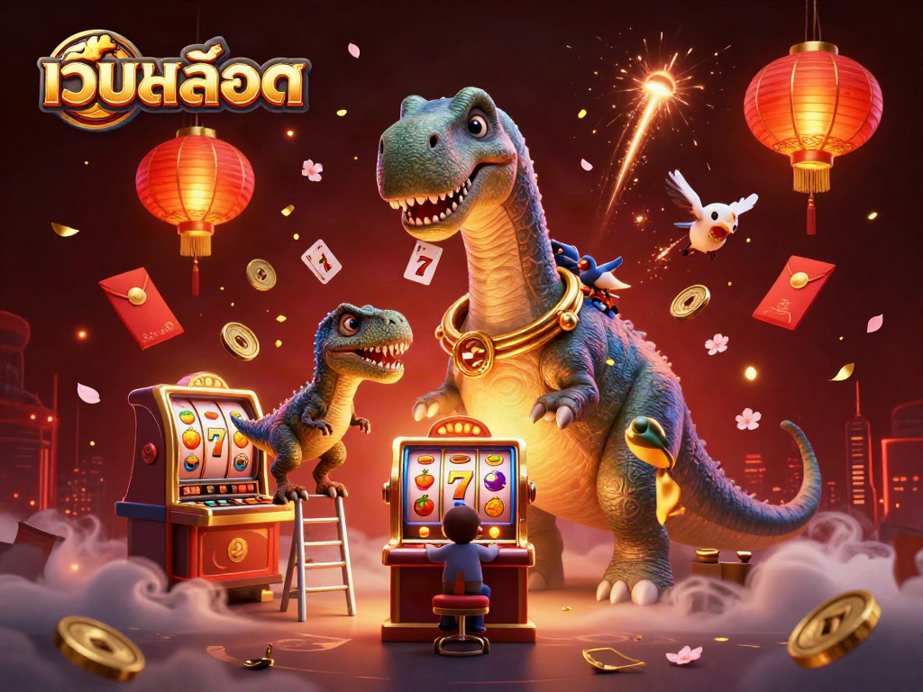 Experience เว็บสล็อต thrills with a towering brontosaurus in a vibrant casino scene.