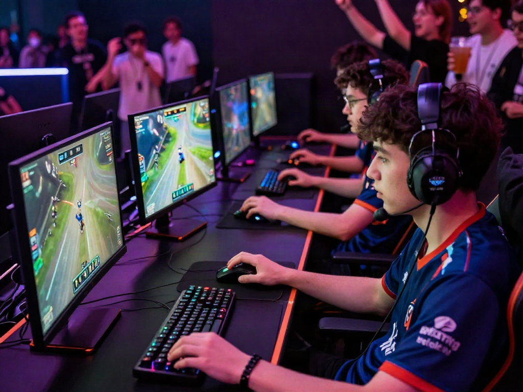 Anabulbet dalam pertandingan eSports dengan peserta fokus dan suasana pesta yang energik