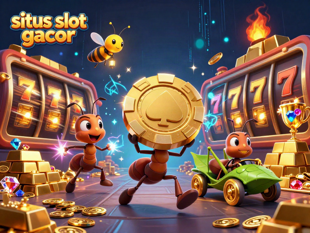 Experience the excitement of situs slot gacor as cartoon ants carry a giant poker chip with dynamic casino elements.