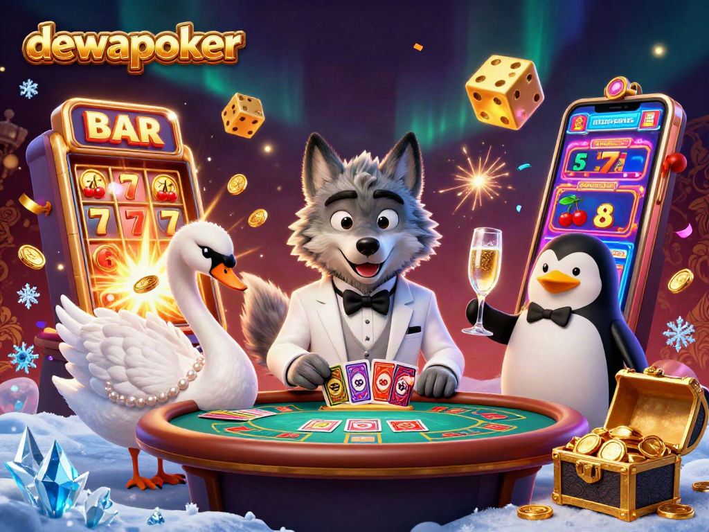 Dewapoker showcases a lively scene of a debonair wolf playing cards in a luxury casino setting, celebrating wins.