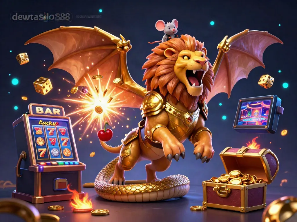 Permainan remi di dewataslot888, dengan simbol slot dan jackpot yang berkilau.