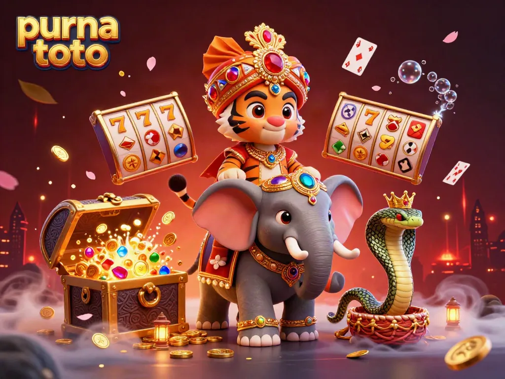 Visualisasi purna toto yang dinamis dengan simbol slot, tiger maharaja, dan elemen emas.