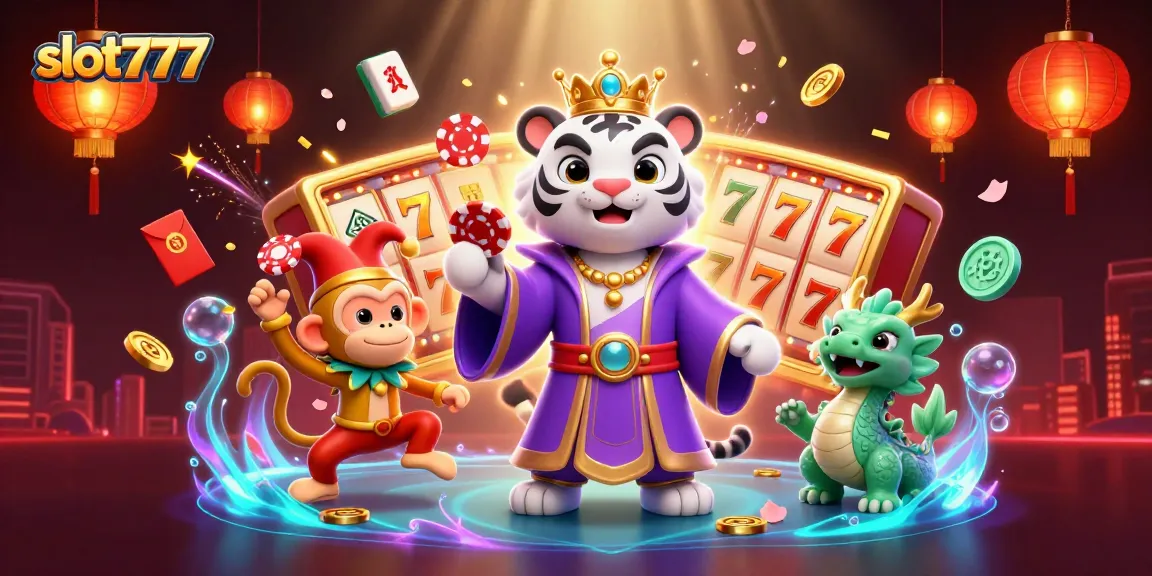 slot777 menampilkan harimau putih megah dan monyet emas dalam suasana kasino yang megah.