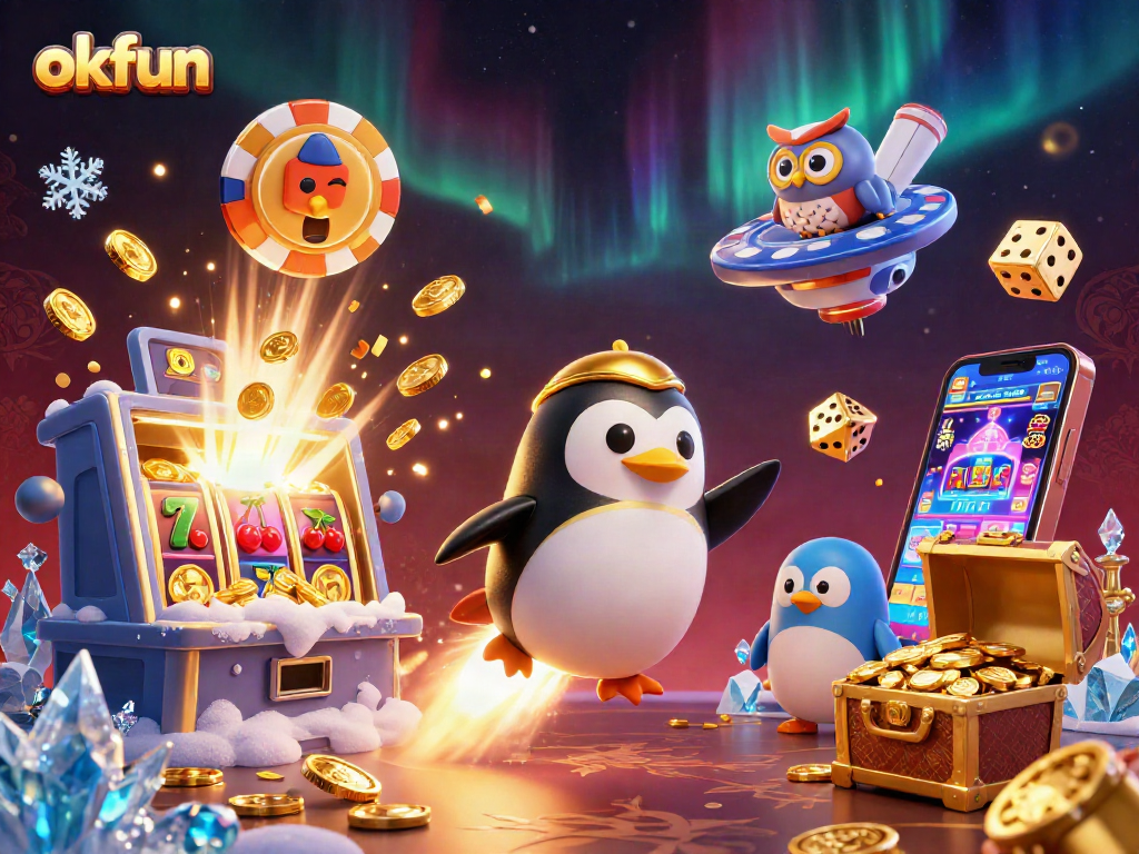 Spin the reel with okfun: A gold penguin blasts through a vibrant casino universe.