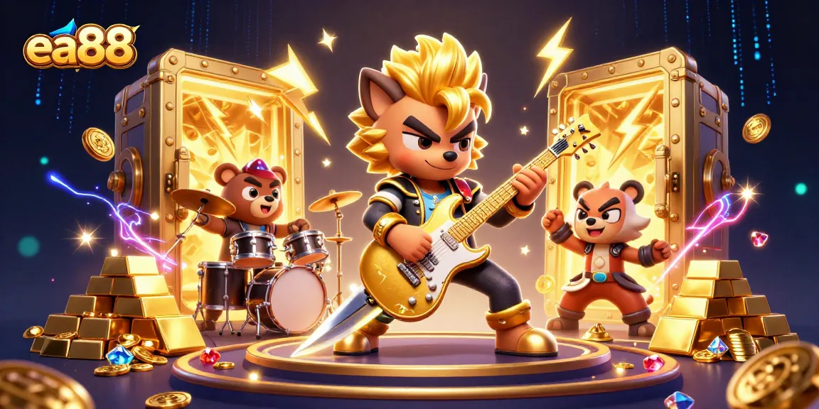 Experience the excitement of ea88 with a rock star wolf and a drummer bear in a vibrant casino scene.