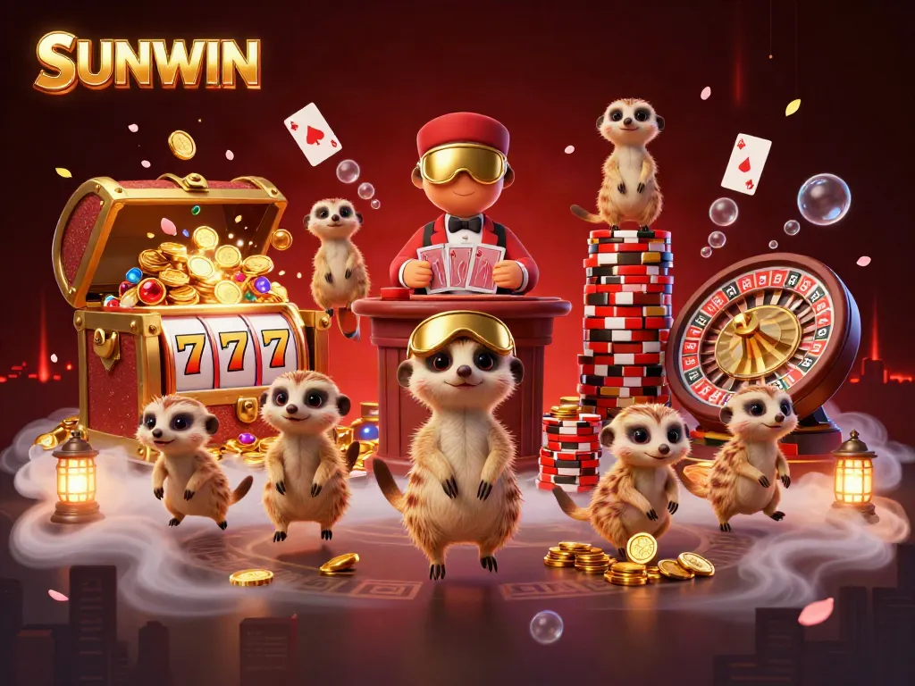 Experience excitement at SUNWIN casino with meerkats managing games and treasures in this vibrant illustration.