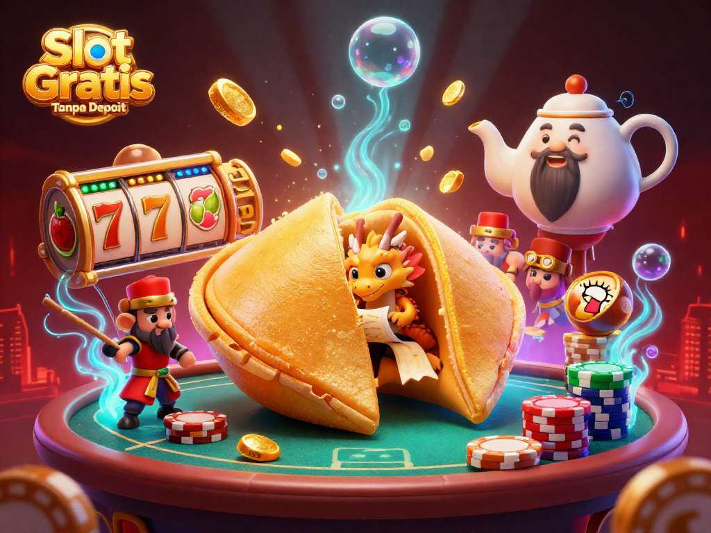 Engage with Slot Gratis Tanpa Deposit through a magical 3D illustration depicting an online casino experience bursting with vibrant gaming elements.