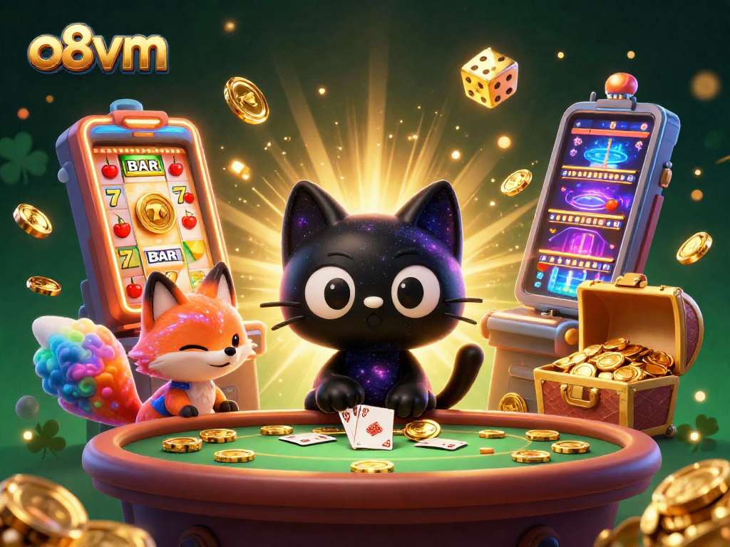 Engage with o8vm's colorful cosmic casino, featuring a black hole cat and nebula fox amidst jackpots and golden treasures.