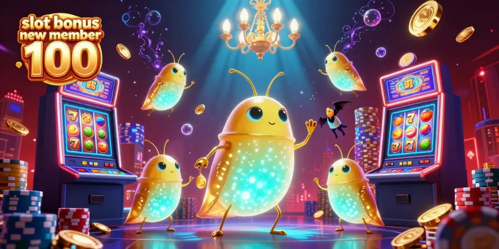 Experience the thrill of the slot bonus new member 100 with glowing glowworms illuminating a lively casino scene.