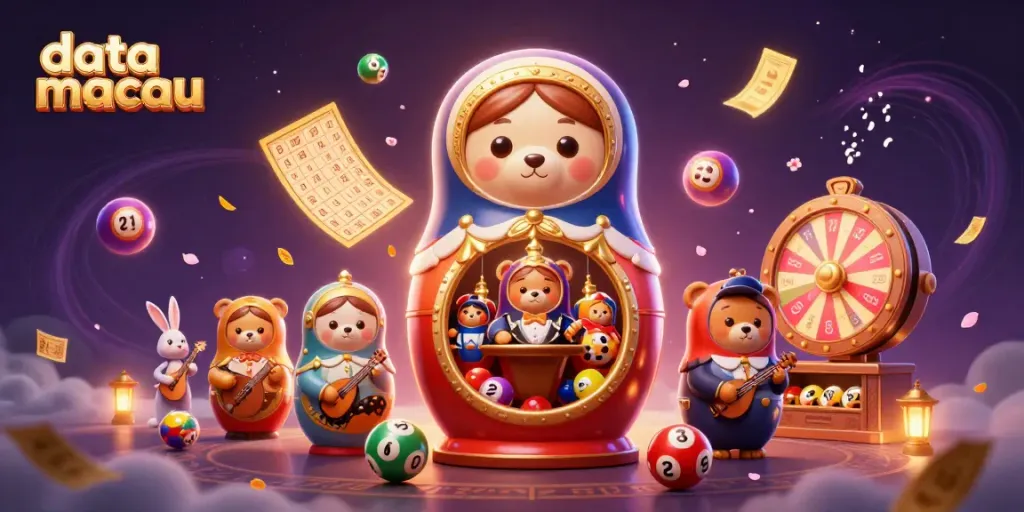Menampilkan data macau dengan bola lotere warna-warni dan elemen kasino dalam ilustrasi detail tinggi