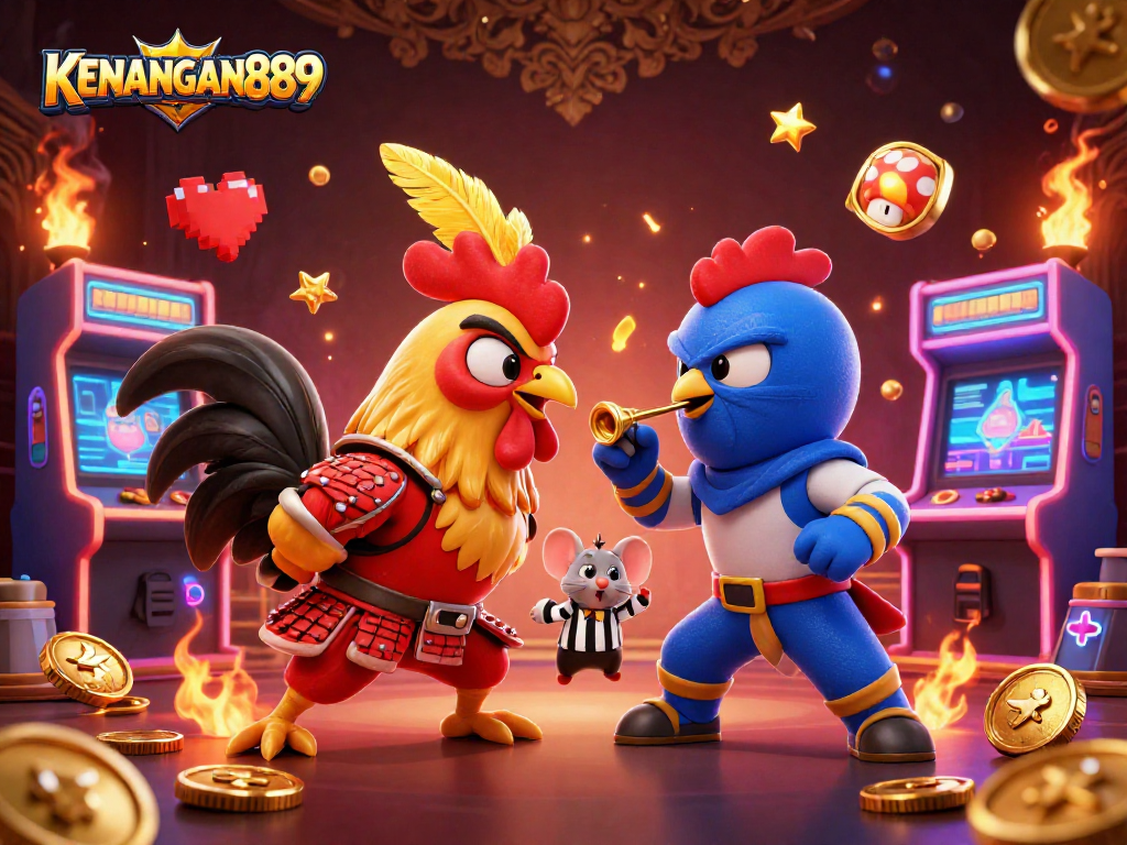 Experience KENANGAN889's thrilling battles between roosters in a vibrant casino game illustration.