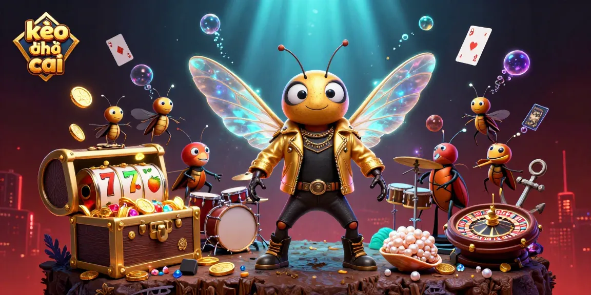 Engage with kèo nhà cái in a vibrant 3D casino scene featuring a dynamic cicada rock star.