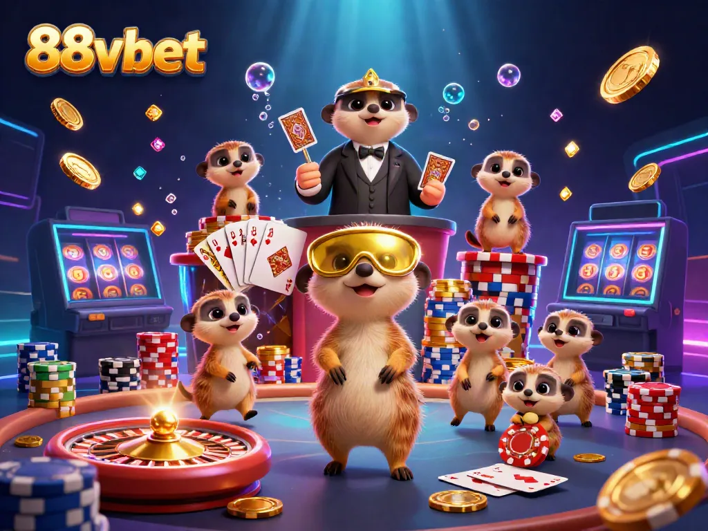 Experience the excitement at 88vbet's dynamic casino scene with meerkats managing a vibrant gaming environment.