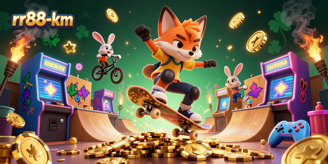 Join the fun at rr88-km with a fox doing tricks over golden poker chips and arcade machines.