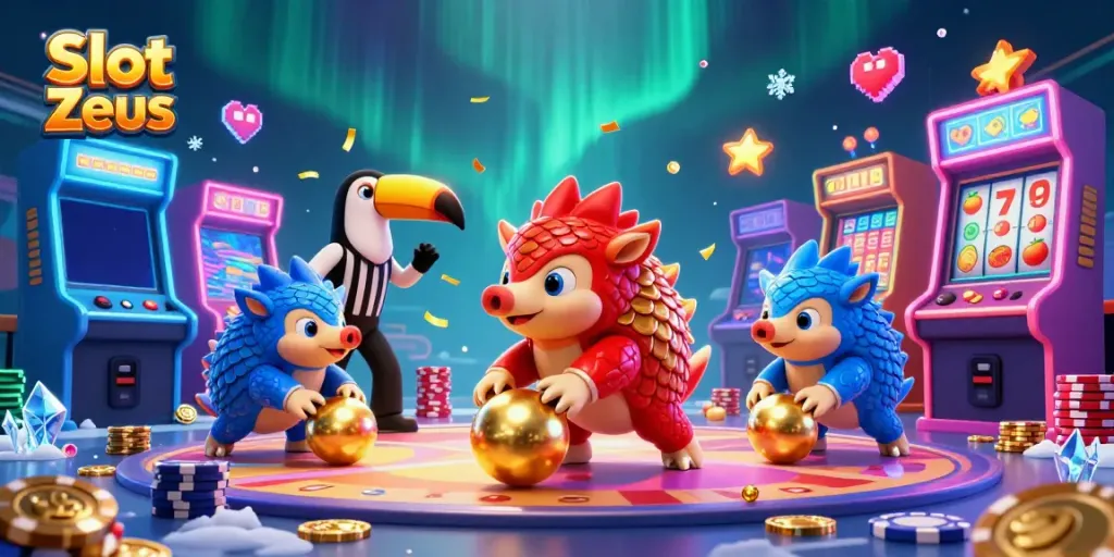 Permainan Slot Zeus dengan dua pangolin bersaing, dikelilingi mesin permainan dan simbol slot.