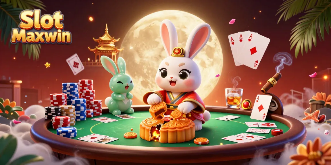Experience exhilarating gameplay with Slot Maxwin as the moon rabbit reveals poker chips while winning in this vibrant casino scene.