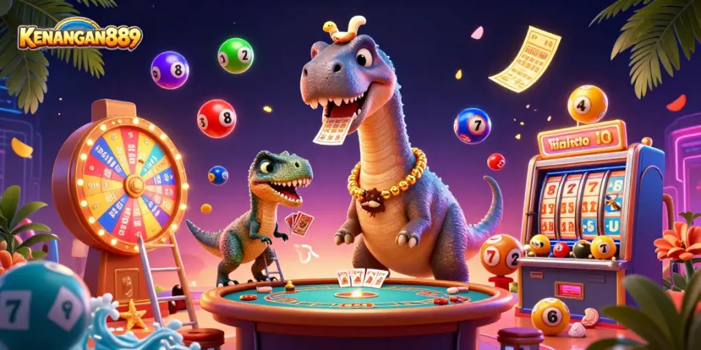 KENANGAN889 brings the excitement of slots and gaming to life in a vibrant casino scene illustration.
