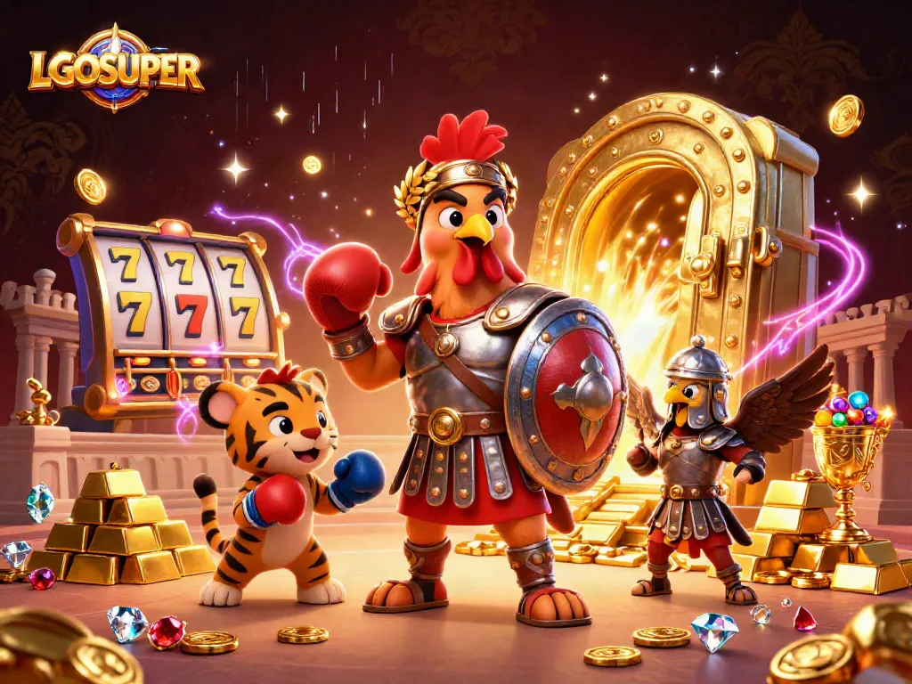 Experience the excitement of LGOSUPER casino with vibrant slot reels and dynamic game elements.
