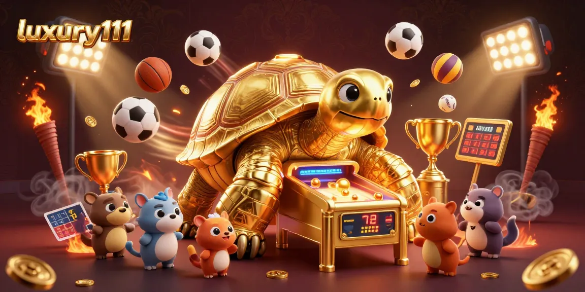 Experience luxury111 with a vibrant scene of a gaming tortoise at an energetic casino.