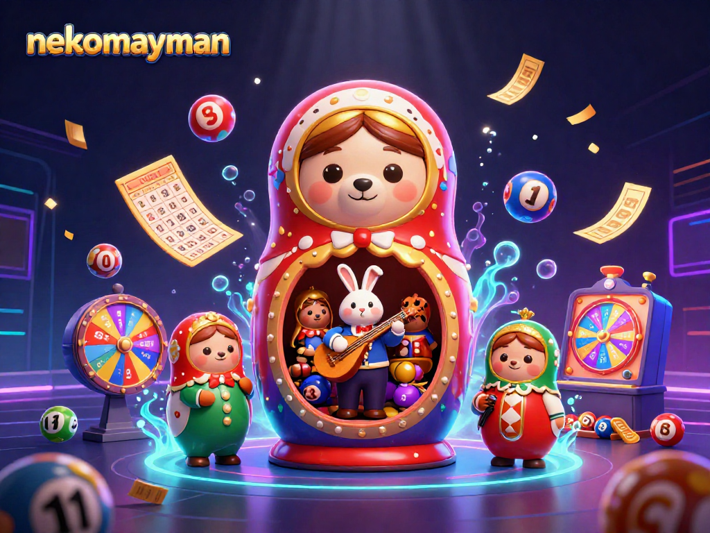 Spin and win with nekomayman in a vibrant, festive 3D slot scene full of energy.