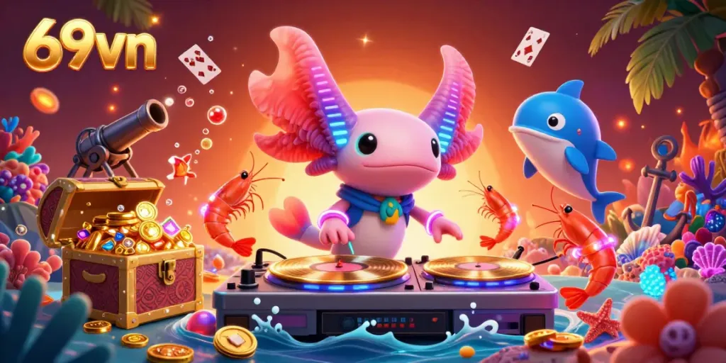Experience the excitement of 69vn with a lively underwater casino scene featuring a DJ axolotl and vibrant sea creatures.