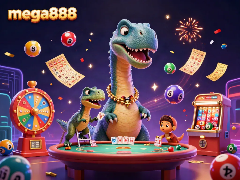 Permainan mega888 dengan brontosaurus dan raptor berinteraksi dalam suasana kasino yang meriah.