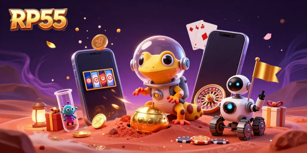 Join the RP55 Martian gecko in the exciting casino adventure featuring slot games and rewards!
