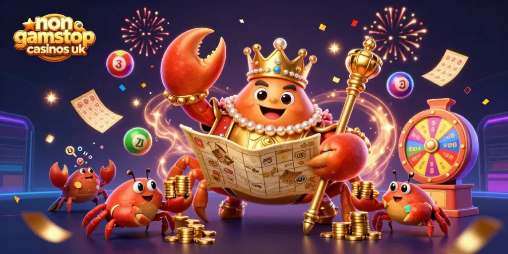 Engage with thrilling games at non gamstop casinos uk, featuring a golden crab emperor amidst vibrant casino elements.