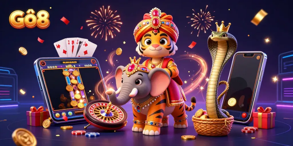 Spin the reels and win big with Gô8 in this vibrant 3D casino illustration.
