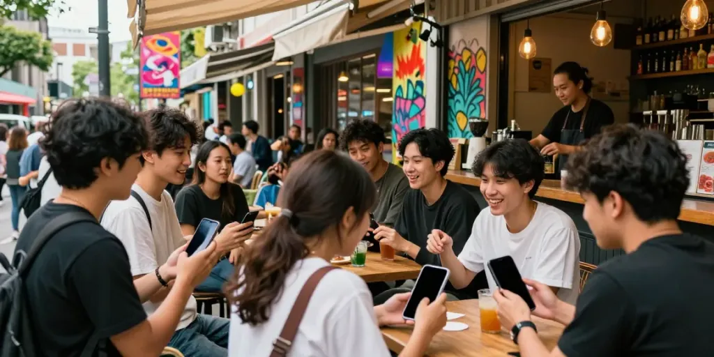 Suasana kafe urban yang ramai dengan pembicaraan tentang bokep, menggambarkan budaya muda dan interaksi sosial.