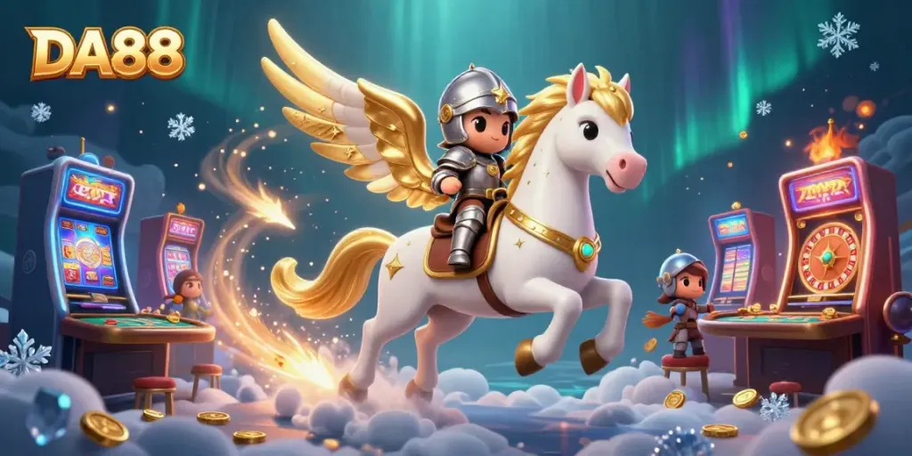 Experience thrilling gameplay with DA88, featuring an armored knight on a celestial horse in a vibrant casino.