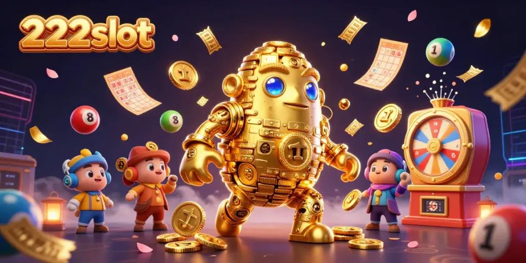 Gamenya 222slot dengan golem emas dan bola lotere berwarna-warni dalam ilustrasi 3D
