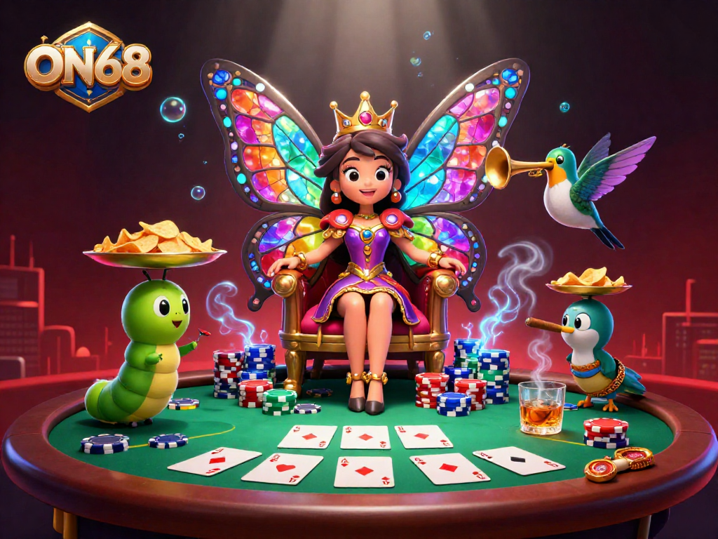 Engage with ON68's colorful gaming realm featuring a butterfly queen and poker elements.