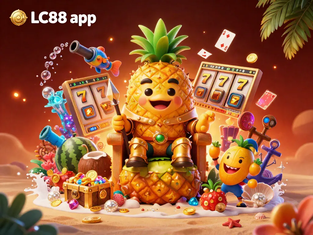 Engage with the dynamic illustration of the LC88 app, showcasing vibrant casino elements and cartoon characters.