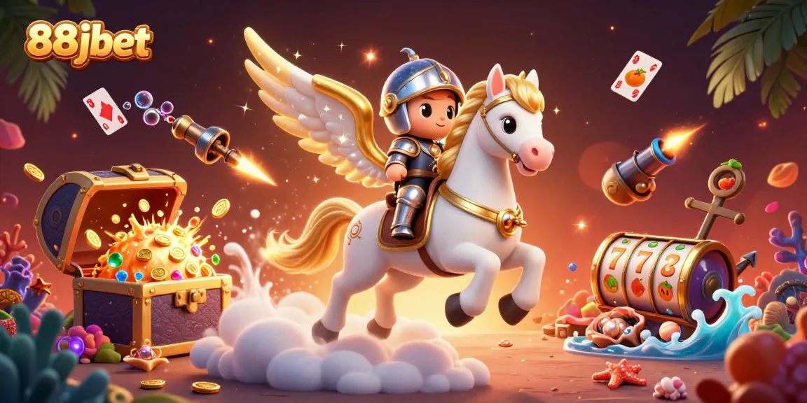 Engage with thrilling games at 88jbet, featuring a magical 3D scene of a celestial horse, gold coins, and vibrant casino symbols.