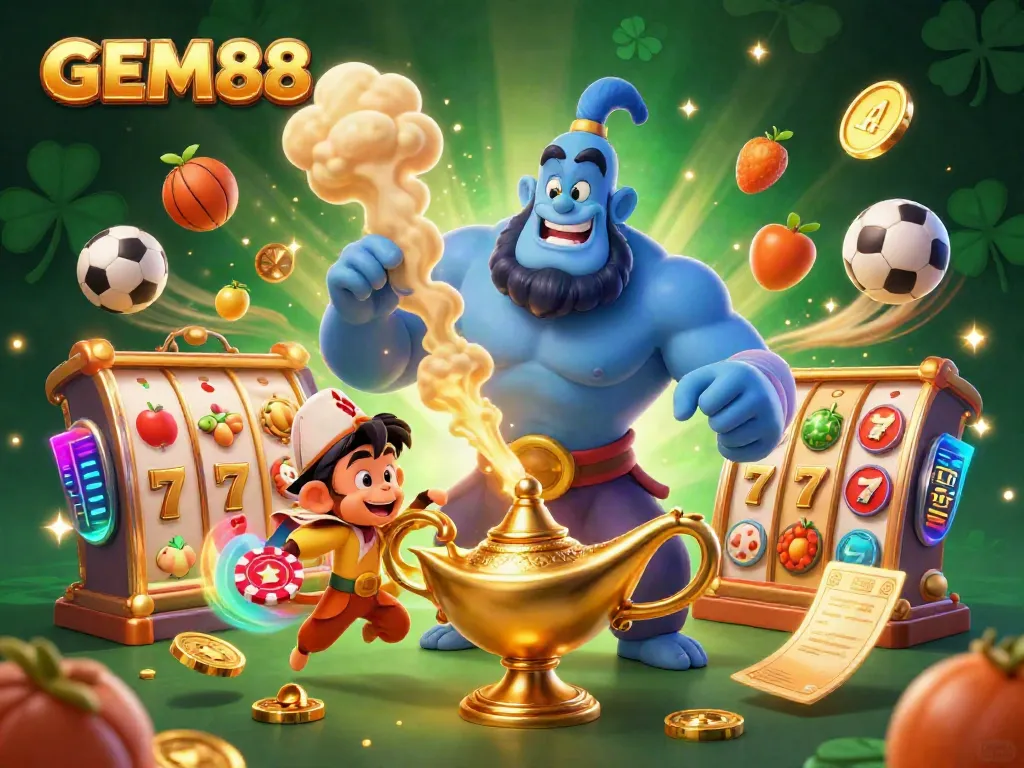 Engage with GEM88's thrilling casino atmosphere featuring a magical genie, poker chips, and vibrant slot elements.