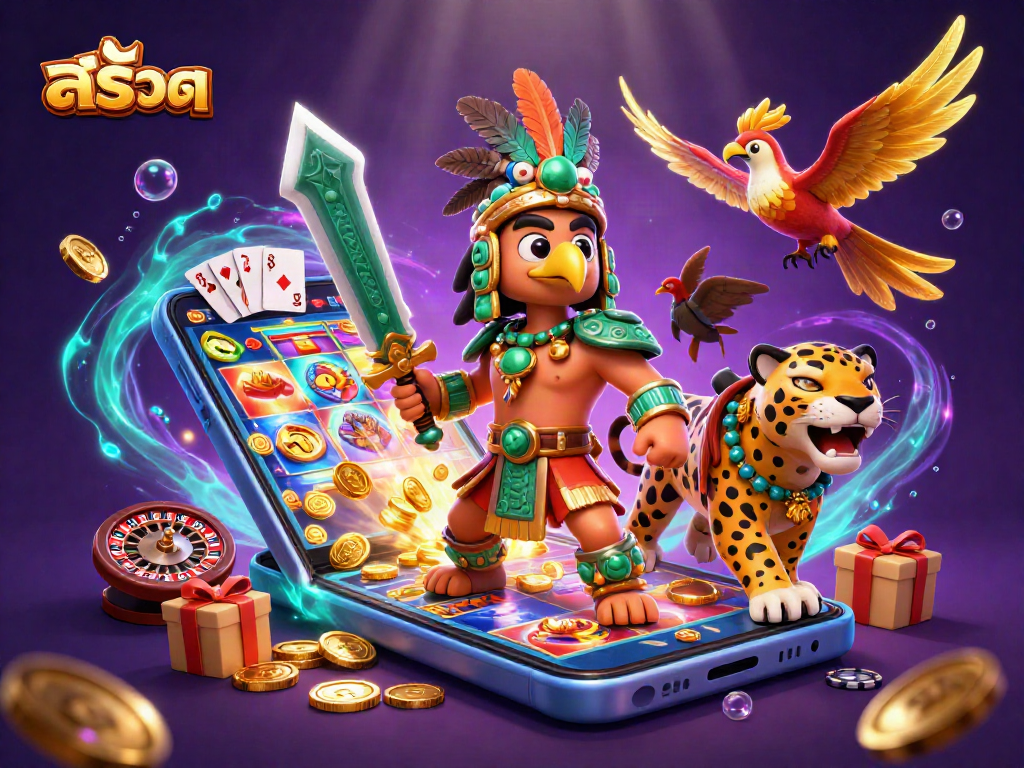 Spin the colorful สล็อต reels with an Aztec warrior and vibrant game elements in this dynamic casino scene.